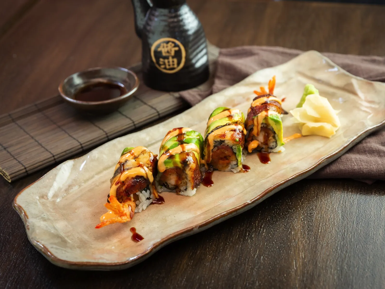 Eel-topped special roll at Kikoo Sushi
