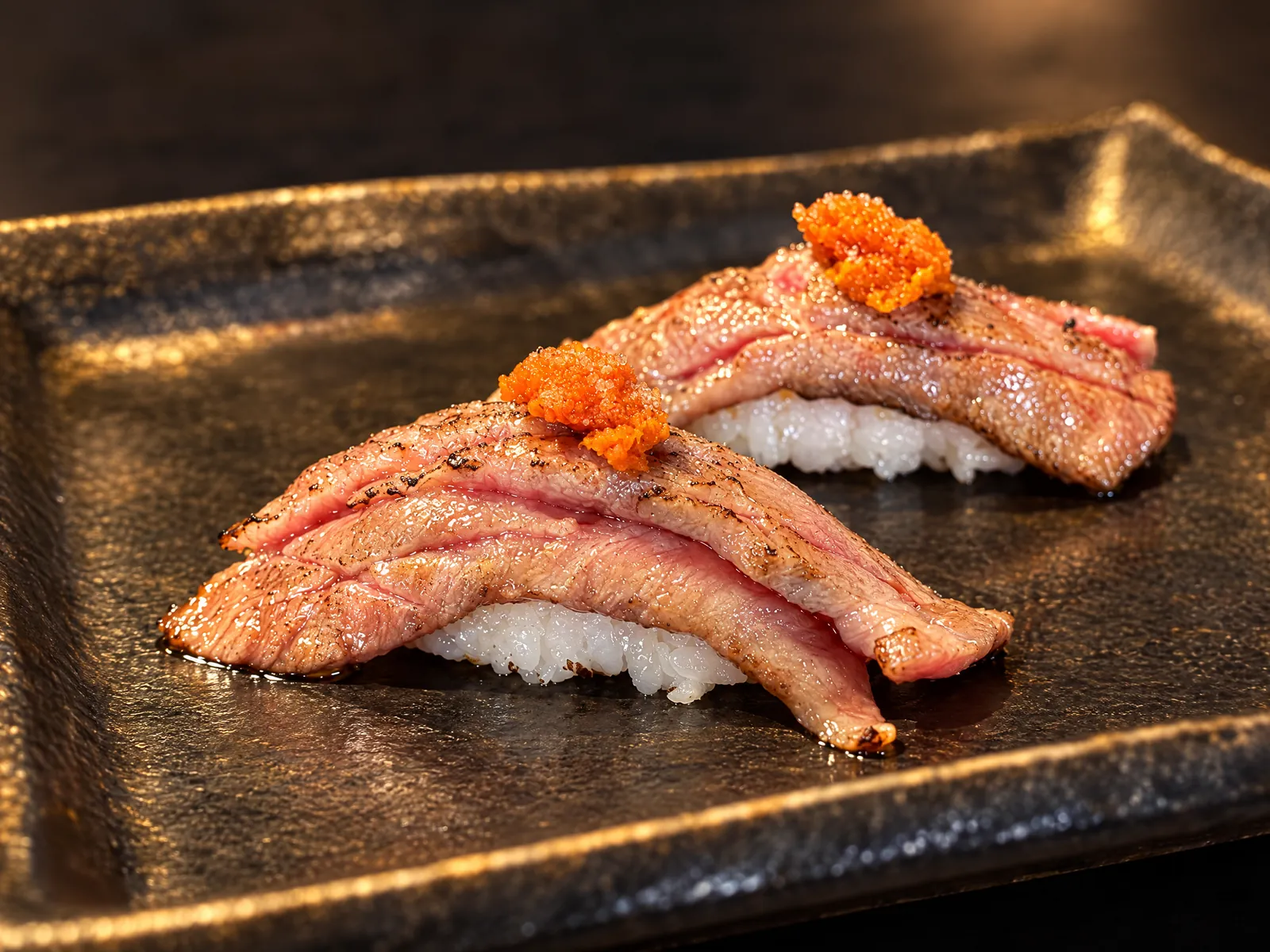 Seared aburi nigiri with roe at Kikoo Sushi East Village