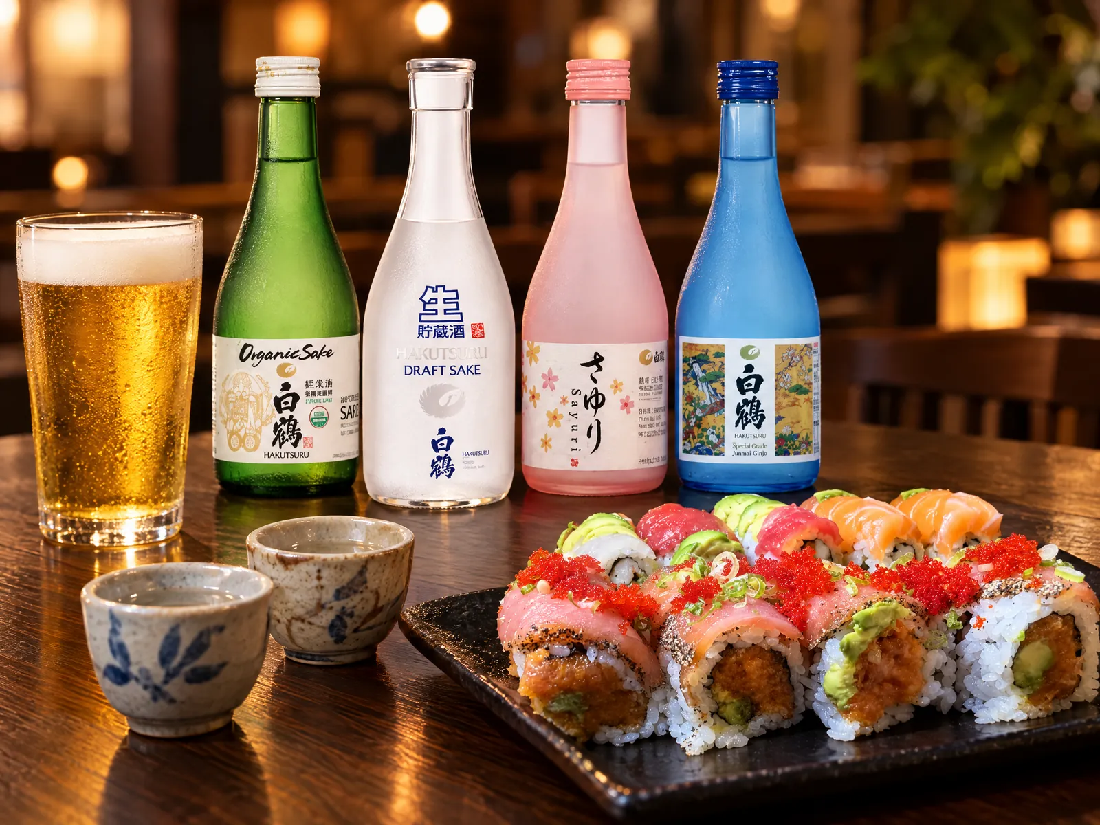 House sake bottles, sake cups and draft beer with sushi rolls at Kikoo Sushi East Village