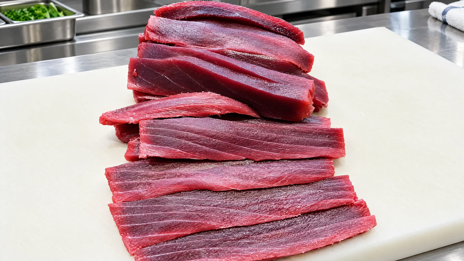 Fresh tuna loin blocks cut in the Kikoo Sushi kitchen